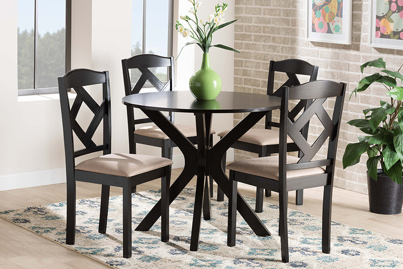 Tabanan Sand Fabric Upholstered and Dark Brown Finished Wood 5-Piece Dining Set