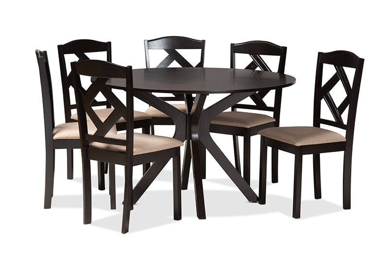 Tabanan Sand Fabric Upholstered and Dark Brown Finished Wood 7-Piece Dining Set