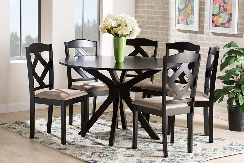 Tabanan Sand Fabric Upholstered and Dark Brown Finished Wood 7-Piece Dining Set