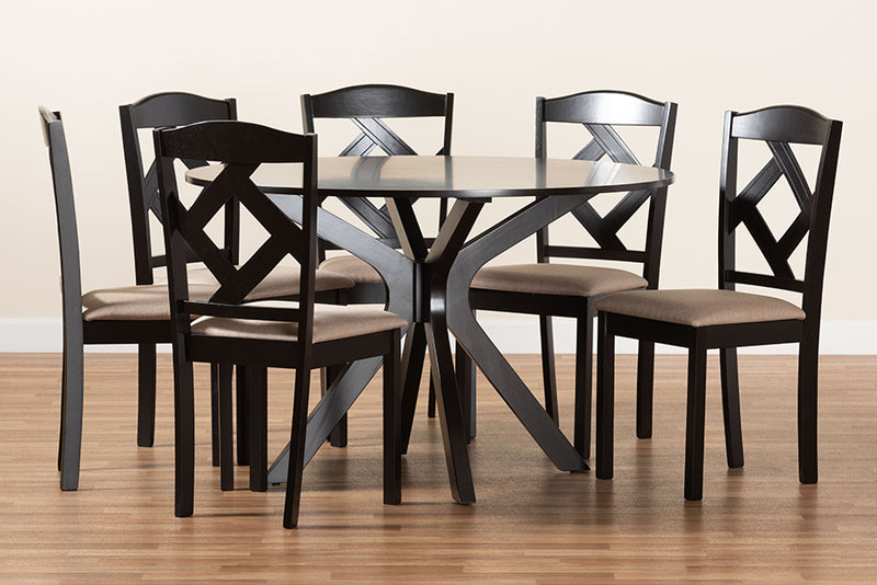 Tabanan Sand Fabric Upholstered and Dark Brown Finished Wood 7-Piece Dining Set