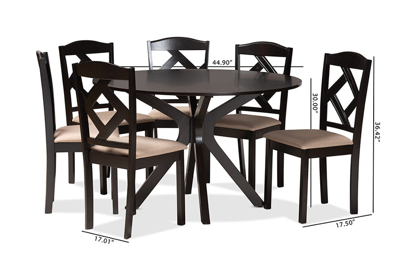 Tabanan Sand Fabric Upholstered and Dark Brown Finished Wood 7-Piece Dining Set