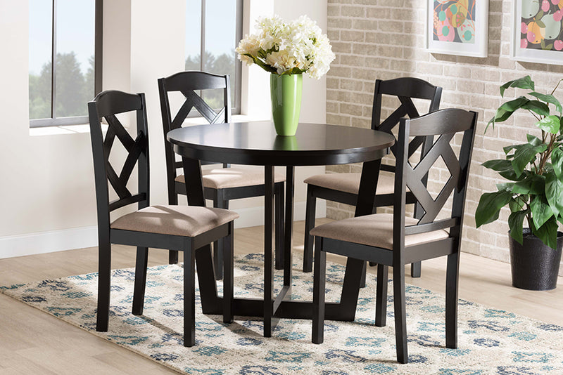 Rylie Sand Fabric Upholstered and Dark Brown Finished Wood 5-Piece Dining Set