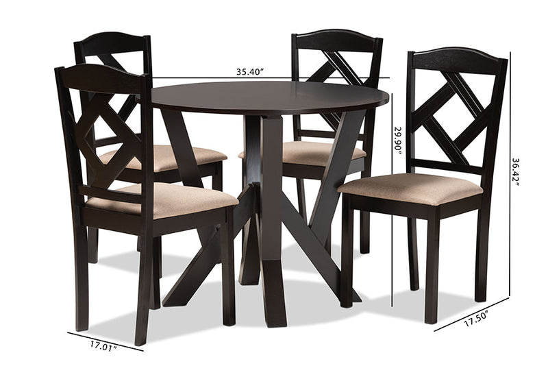 Ibiza Sand Fabric Upholstered and Dark Brown 5-Piece Dining Set Baxton