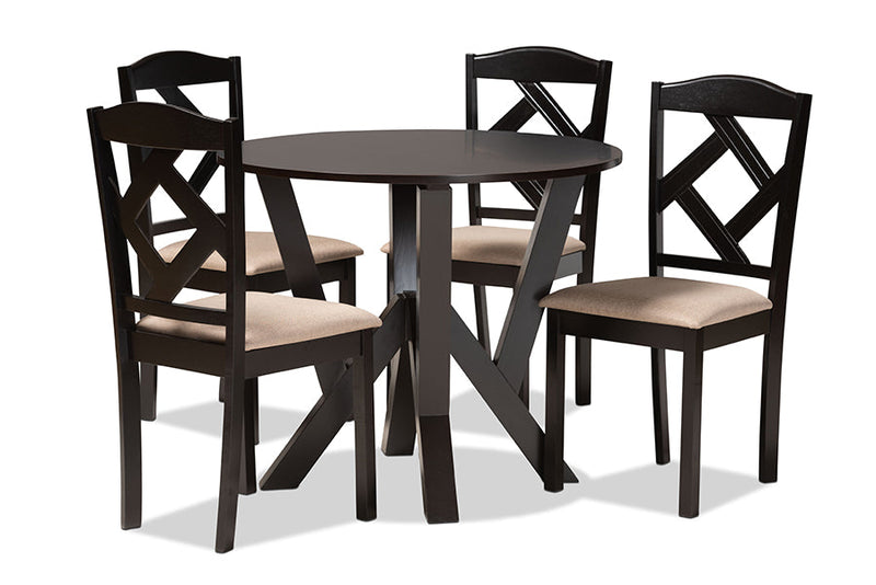 Ibiza Sand Fabric Upholstered and Dark Brown 5-Piece Dining Set Baxton