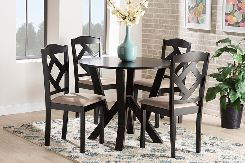 Ibiza Sand Fabric Upholstered and Dark Brown 5-Piece Dining Set Baxton