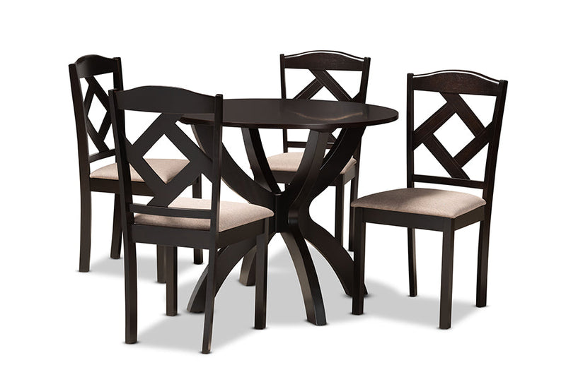 Gerard Sand Fabric Upholstered and Dark Brown 5-Piece Dining Set Baxton