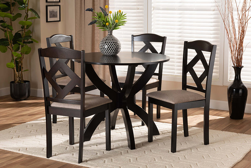 Gerard Sand Fabric Upholstered and Dark Brown 5-Piece Dining Set Baxton