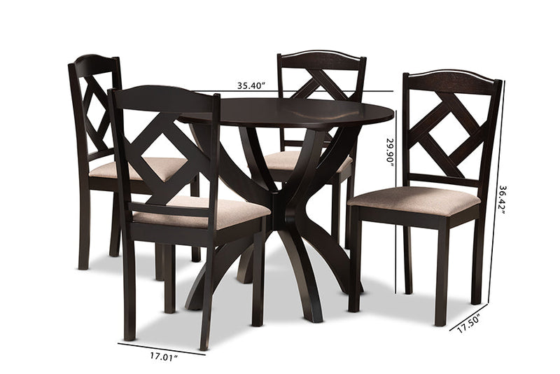 Gerard Sand Fabric Upholstered and Dark Brown 5-Piece Dining Set Baxton