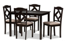 Emiko Beige Fabric Upholstered and Dark Brown Finished 5-Piece Dining Set Baxton