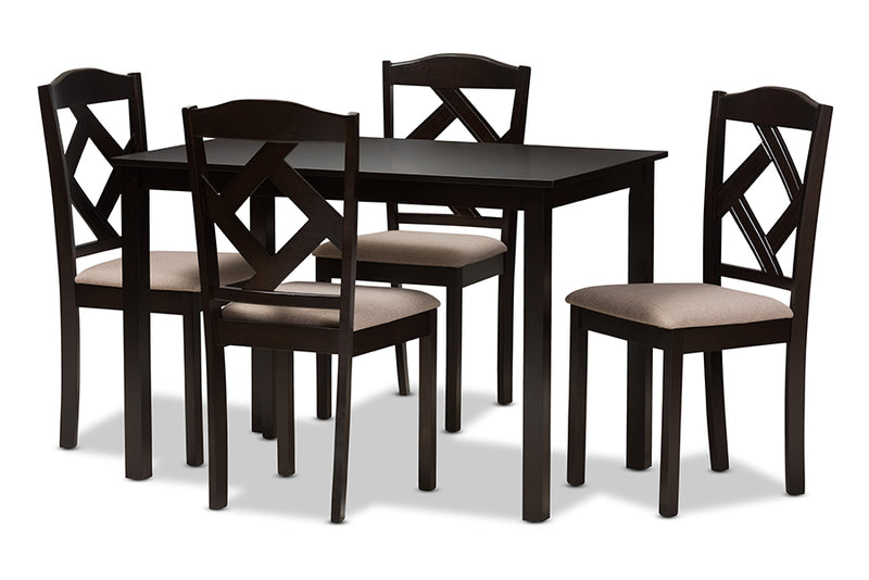 Emiko Modern and Contemporary Beige Fabric Upholstered and Dark Brown Finished 5-Piece Dining Set