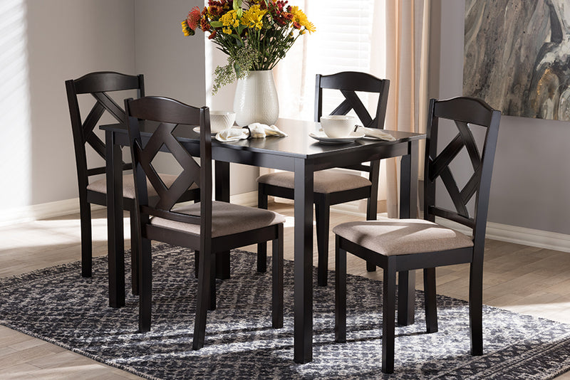 Emiko Modern and Contemporary Beige Fabric Upholstered and Dark Brown Finished 5-Piece Dining Set