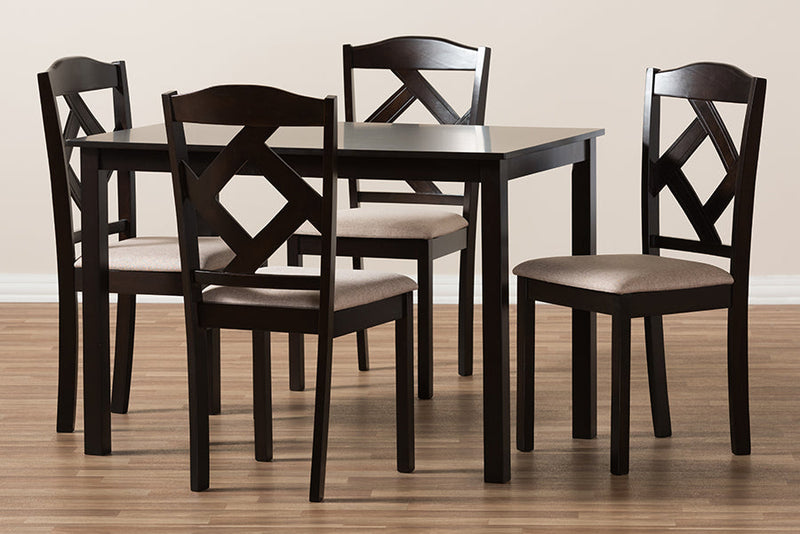 Emiko Beige Fabric Upholstered and Dark Brown Finished 5-Piece Dining Set Baxton