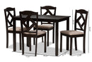 Emiko Beige Fabric Upholstered and Dark Brown Finished 5-Piece Dining Set Baxton