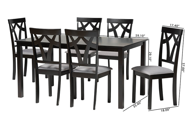 Helina Modern Gray Fabric and Dark Brown 7-Piece Dining Set Baxton