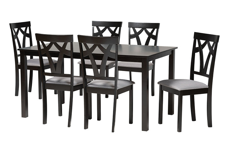 Helina Modern Gray Fabric and Dark Brown 7-Piece Dining Set Baxton