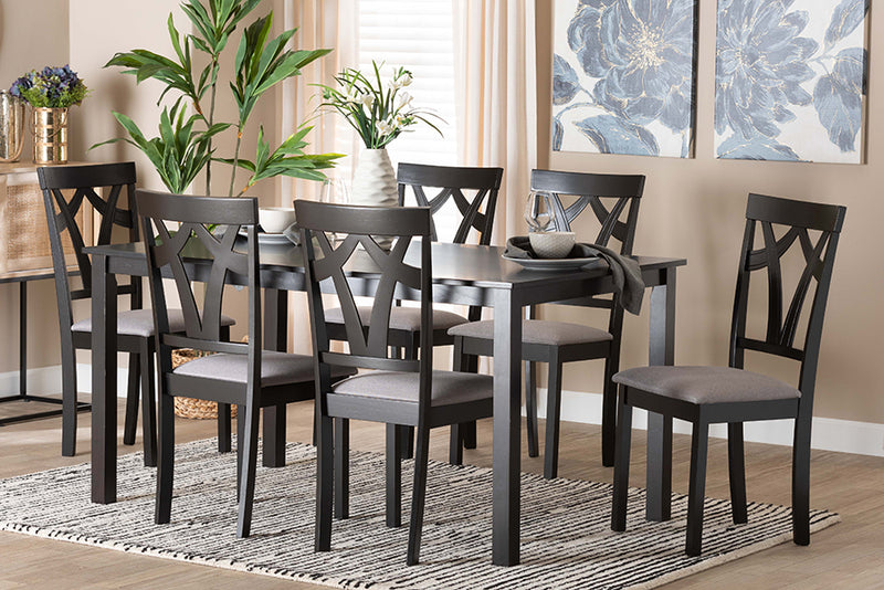 Helina Modern Gray Fabric and Dark Brown Finished Wood 7-Piece Dining Set