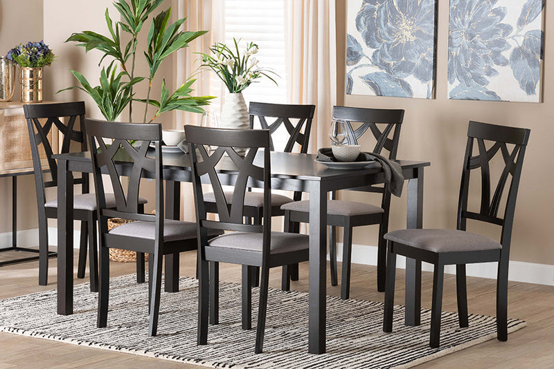 Helina Modern Gray Fabric and Dark Brown 7-Piece Dining Set Baxton