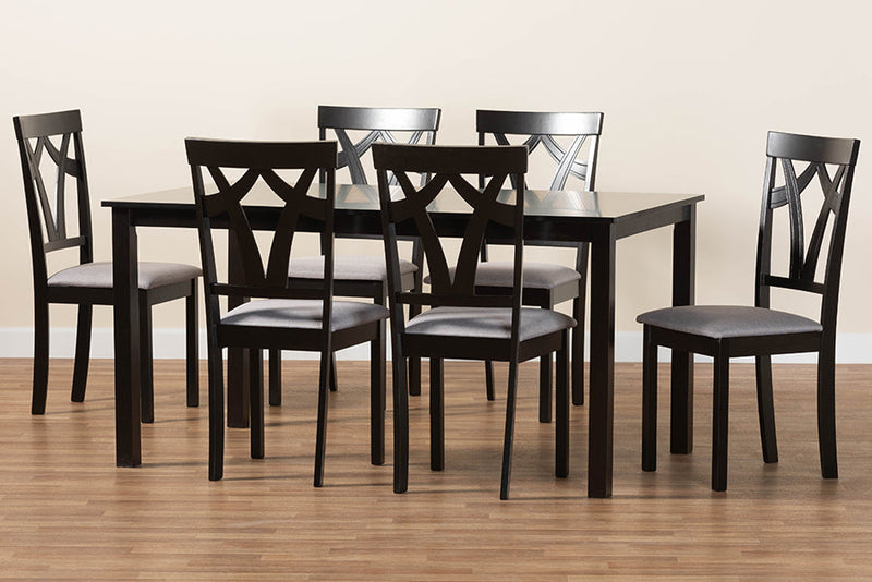 Helina Modern Gray Fabric and Dark Brown 7-Piece Dining Set Baxton