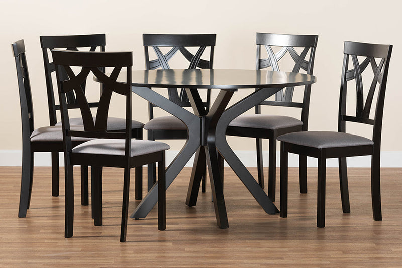 Nellie Modern Gray Fabric and Dark Brown 7-Piece Dining Set Baxton
