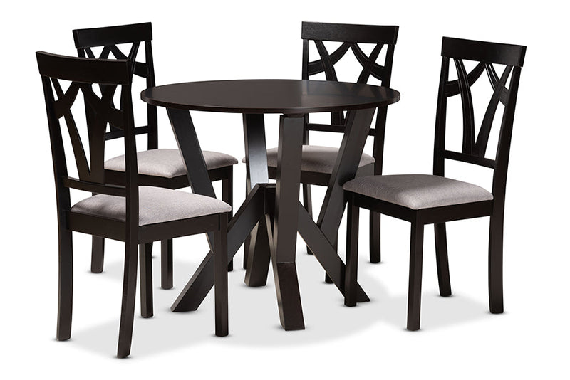 Millani Gray Fabric Upholstered and Dark Brown 5-Piece Dining Set Baxton