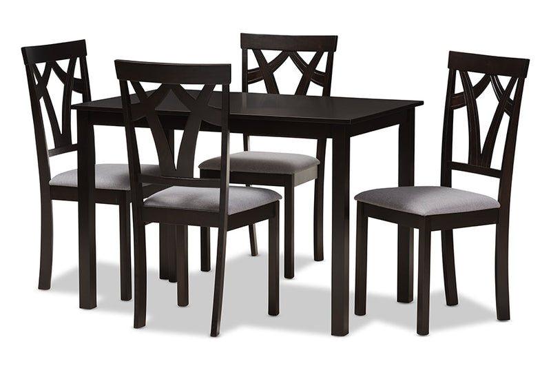 Helina Gray Fabric Upholstered and Dark Brown Finished 5-Piece Dining Set Baxton