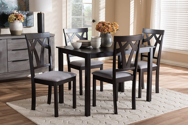 Helina Gray Fabric Upholstered and Dark Brown Finished 5-Piece Dining Set Baxton