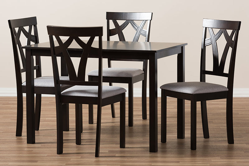 Helina Gray Fabric Upholstered and Dark Brown Finished 5-Piece Dining Set Baxton