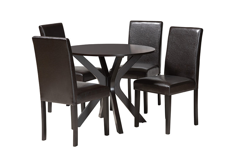 Perenna Modern Espresso Brown Faux Leather and Wood 5-Piece Dining Set