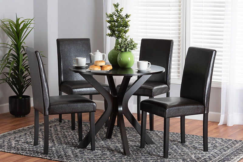 Perenna Modern Espresso Brown Faux Leather and Wood 5-Piece Dining Set