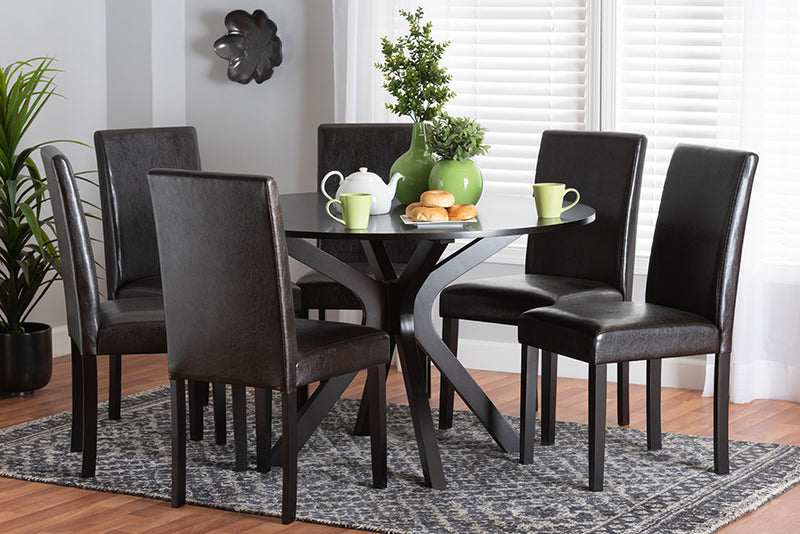 Perenna Modern Espresso Brown Faux Leather and Wood 7-Piece Dining Set