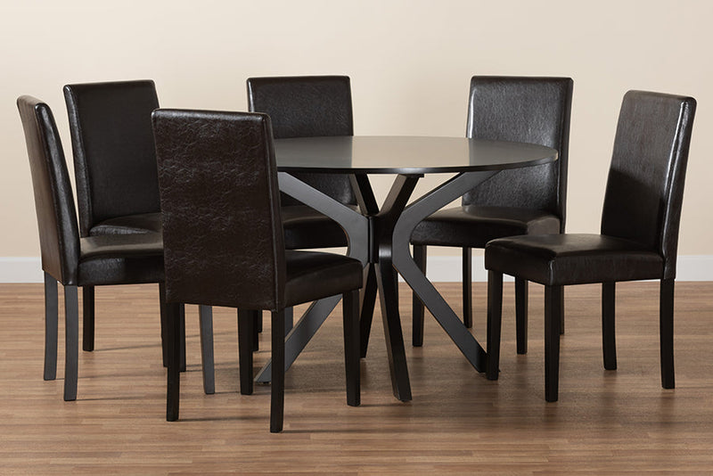 Perenna Modern Espresso Brown Faux Leather and Wood 7-Piece Dining Set Baxton