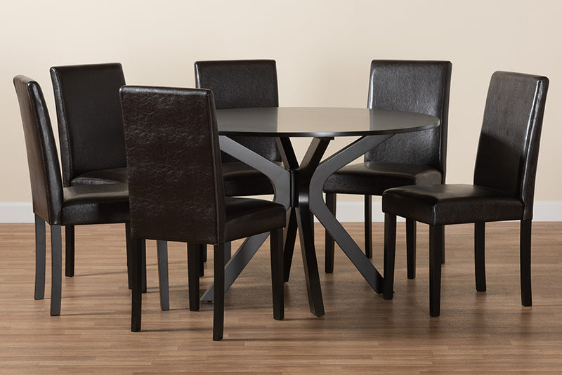 Perenna Modern Espresso Brown Faux Leather and Wood 7-Piece Dining Set