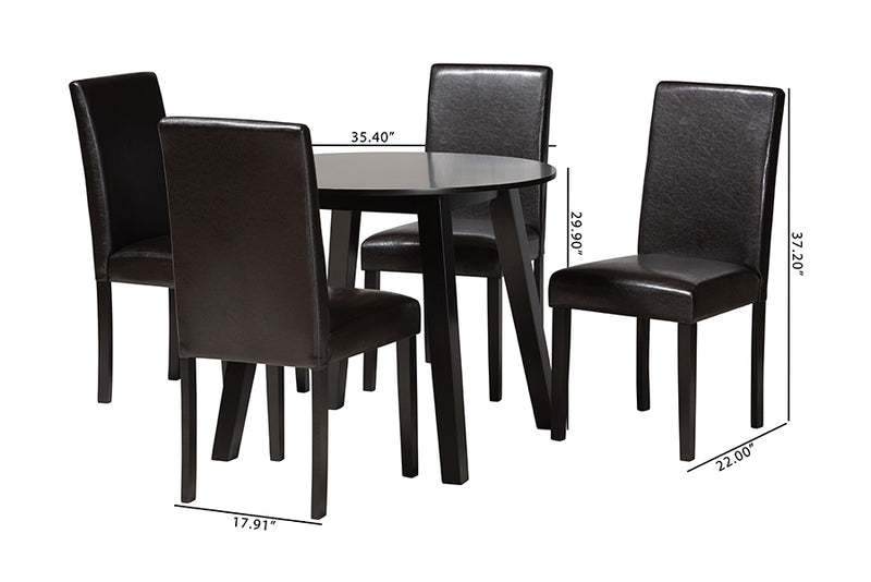 Shirley Modern Dark Brown Faux Leather and Espresso Brown Finished Wood 5-Piece Dining Set