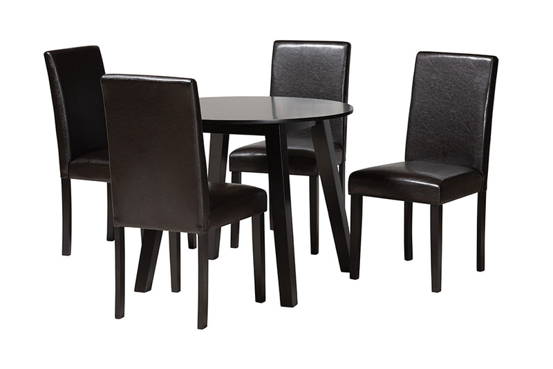 Shirley Modern Dark Brown Faux Leather and Espresso Brown Finished Wood 5-Piece Dining Set