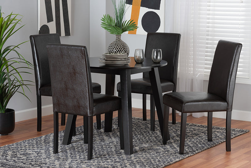 Shirley Modern Dark Brown Faux Leather and Espresso Brown Finished Wood 5-Piece Dining Set