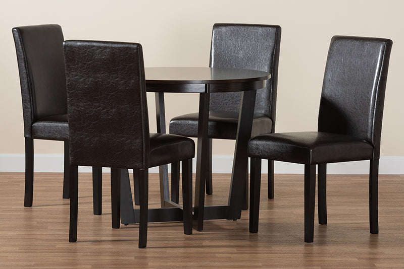 Lambert Modern Dark Brown Faux Leather and Espresso Brown Finished Wood 5-Piece Dining Set