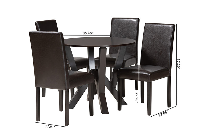 Elegant Modern Espresso Brown Faux Leather and Wood 5-Piece Dining Set