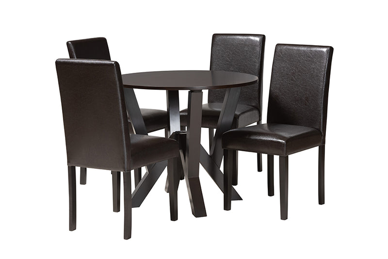 Elegant Modern Espresso Brown Faux Leather and Wood 5-Piece Dining Set