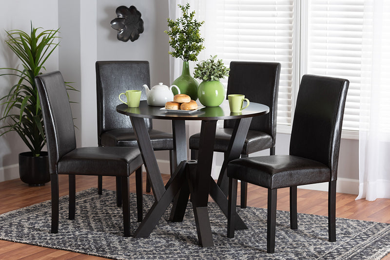 Elegant Modern Espresso Brown Faux Leather and Wood 5-Piece Dining Set