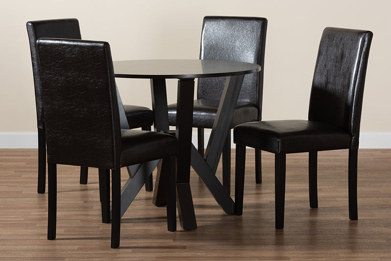 Elegant Modern Espresso Brown Faux Leather and Wood 5-Piece Dining Set