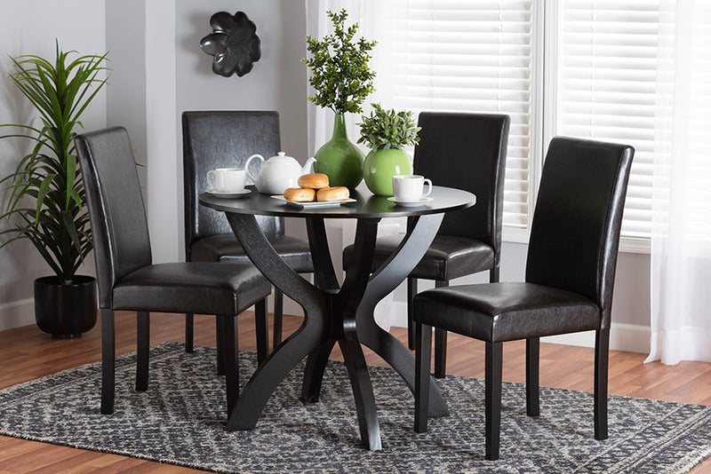 Landis Modern Espresso Brown Faux Leather and Wood 5-Piece Dining Set Baxton