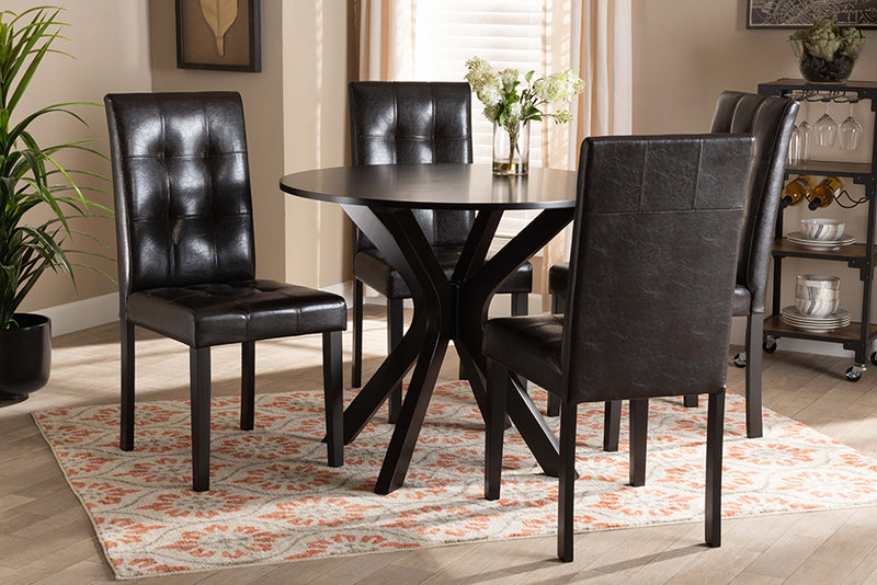 Arcelia Modern and Contemporary Dark Brown Faux Leather Upholstered and Dark brown Finished Wood 5-Piece Dining Set