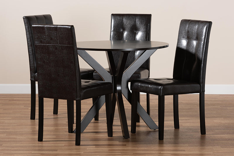 Arcelia Modern and Contemporary Dark Brown Faux Leather Upholstered and Dark brown Finished Wood 5-Piece Dining Set