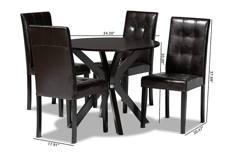 Arcelia Modern and Contemporary Dark Brown Faux Leather Upholstered and Dark brown Finished Wood 5-Piece Dining Set