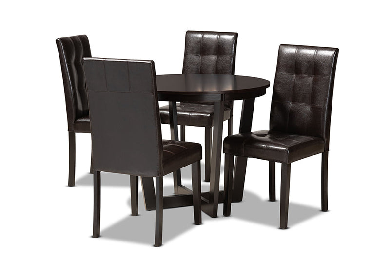 Gustavo Dark Brown Faux Leather Upholstered and Dark Brown 5-Piece Dining Set Baxton
