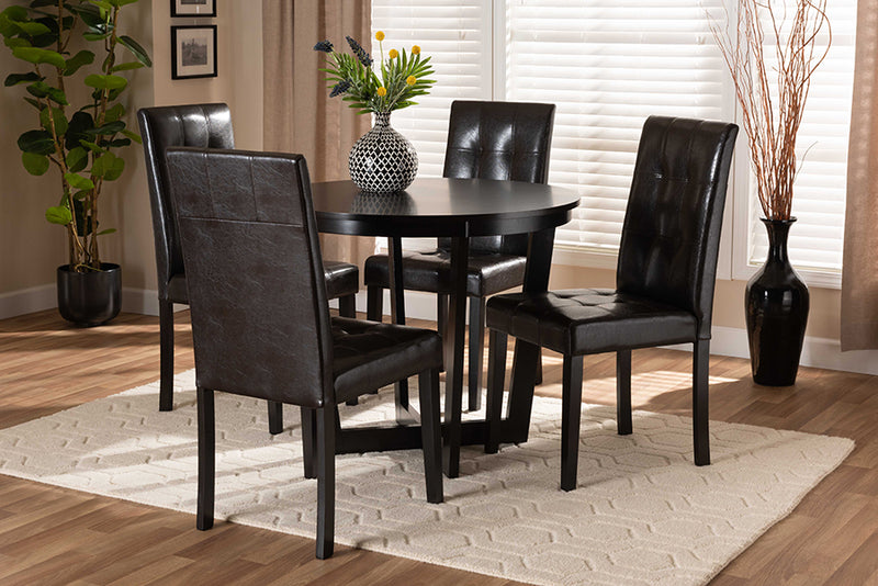 Gustavo Modern and Contemporary Dark Brown Faux Leather Upholstered and Dark Brown Finished Wood 5-Piece Dining Set