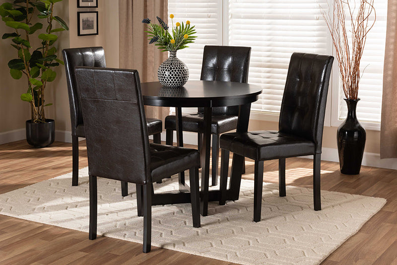 Gustavo Dark Brown Faux Leather Upholstered and Dark Brown 5-Piece Dining Set Baxton
