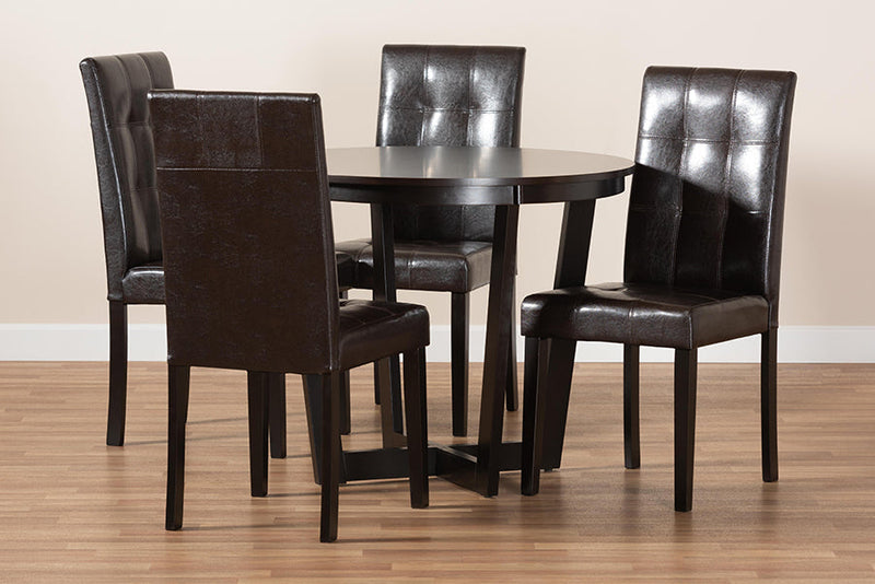Gustavo Dark Brown Faux Leather Upholstered and Dark Brown 5-Piece Dining Set Baxton