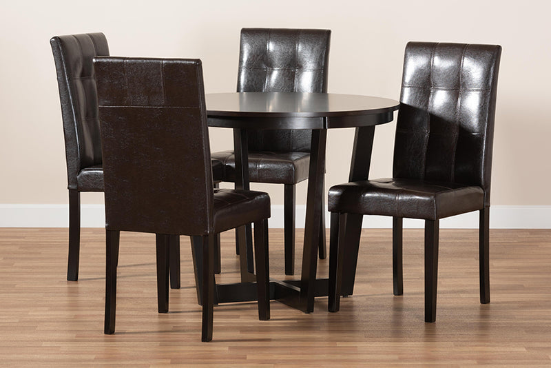 Gustavo Modern and Contemporary Dark Brown Faux Leather Upholstered and Dark Brown Finished Wood 5-Piece Dining Set