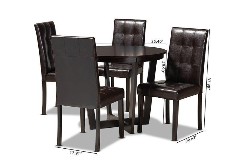 Gustavo Modern and Contemporary Dark Brown Faux Leather Upholstered and Dark Brown Finished Wood 5-Piece Dining Set